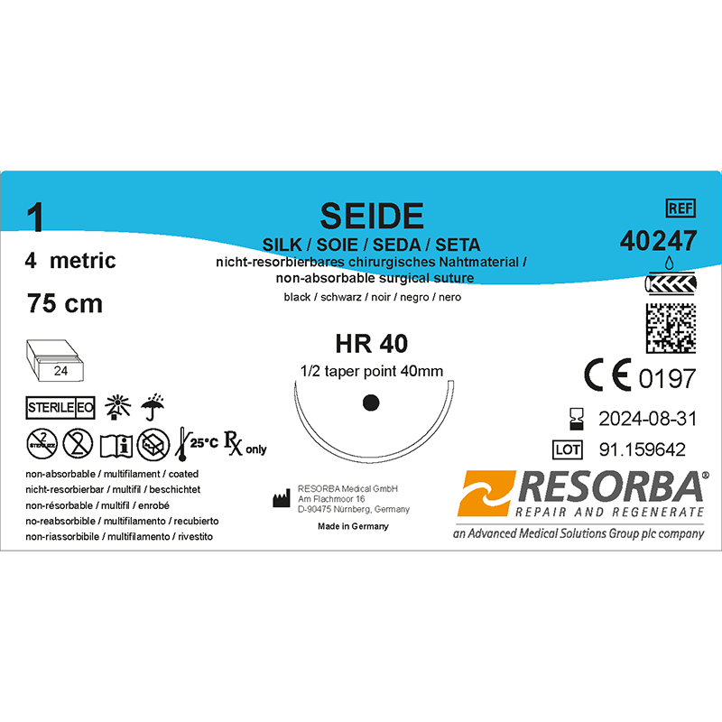 Шовк USP 1 чорний, довжина 75 см, голка колюча 40 мм, 1/2 кола